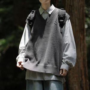 Sleeveless Sweater Vest Mens Autumn and Winter Loose Waistcoat Couple Bottoming Shirt V-neck Sweater Thickened Korean Style Vest