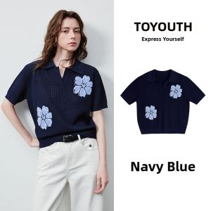 Toyouth | Knitted Ice Silk Polo Top Lace Flowers