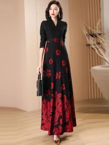 Spring Autumn Fashion Long Sleeve Black Print Dress Womens Long Ankle-Length 2025 plus Size Elegant Midi Dress Women
