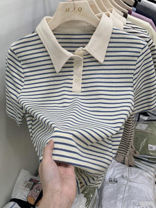 Áo Thun Polo Sọc Mùa Hè Dáng Rộng Tay Ngắn Cổ Polo Cotton Nguyên Chất Thường Ngày Đa Năng Ngắn Thời Trang Chống Nắng Cho Nữ