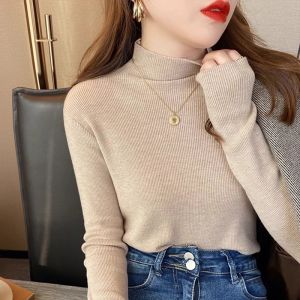 Caramel Long Sleeve Knitted Sweater Womens Slim Fit mid Collar Base Shirt Fashionable Autumn Winter Inner Wear Commute Style