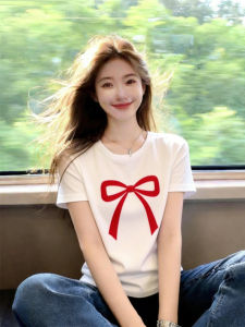 White Bow Print Short Sleeve Tshirt Shapely Slim Fit