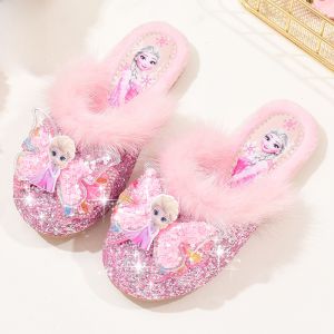Princess Style Childrens Cotton Slippers Anti-Slip Warmth Plush Home Shoes for Girls Baby Snow Queen Elsa Slippers