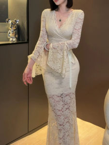 qiaocong | French Style Lace Trim V-Neck Flared Sleeve Slim Fitting Dress