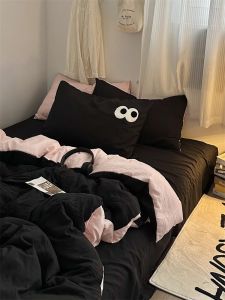INS Young Adult Sweet Cool Black Pink Eyes Towel Embroidery Washed Cotton Bed Four-Piece Set Bed Sheet Student Three-Piece Set 1.8