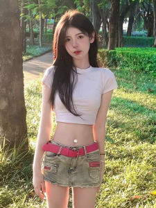 Hot Short Sleeve High Waist Crop Top Womens Slim Fit T-Shirt Sweet And Spicy Style Pure Color Casual Summer Cotton Tee
