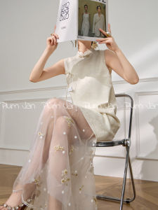 New Chinese Style Set Plum Jan White Sleeveless Dress with Mesh Skirt Two Piece Set Elegant Vest Dress for Women