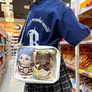 Cute Cartoon Double Doll PU Leather Canvas Shoulder Bag Transparent Cotton Stuffing Crossbody Bag for Dolls 20cm And 15cm