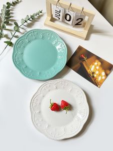 Simple Relief Green Ceramic Dinner Plate Luxury Sense Breakfast Plate Western Style Steak Plate Dinnerware Dishware