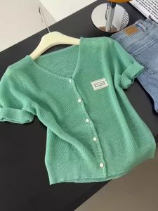 Korean Style Dopaamine Anti-Aging Thin Short Sleeve T-Shirt Womens Summer New Simple V-Neck Correct Shoulder Slimming Top