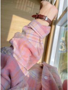 Sweet Cute Pure Cotton Plaid Shirt Womens Loose Slimming Long Sleeve Shirt Coat Top Casual Style Button Pocket Detail