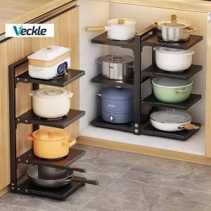 Veckle 2-4 Tier Solid Board Adjustable Multifunction Pot Shelves Kitchen Pan Racks Organizer Under Sink Pot Storage Rack