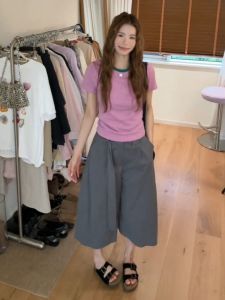 YUEZHONGWEI | Pink Stripe Round Collar Regular Shoulder Short Sleeve Slim Fitting T-shirt