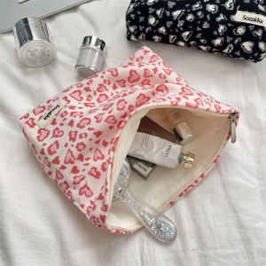 Large Capacity Corduroy Leopard Print Makeup Bag Portable Handheld Storage Bag Lipstick Inner Bag Zipper Closure Square Shape