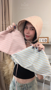 [W0306] หมวกกันแดดแฟชั่น หมวกทรงถัง ดีเทลมีสายผูกคาง ลายทาง นํ้าหนักเบา ใส่สบาย น่ารัก สไตล์เกาหลี