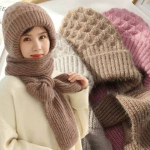 Winter Knitted Integrated Hat Scarf Set Thermal Ear Protection Scarf Beanies Cycling Windproof Ladies Outdoor Warm Caps