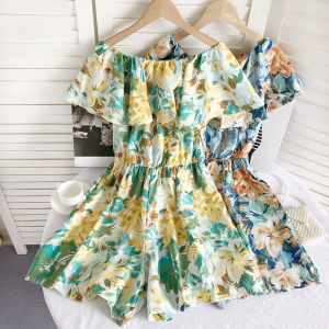 Summer Fashion Floral Print One-Shoulder Romper Slimming Waist Short Sleeve High Waist Wide Leg Short Pants Womens Suit