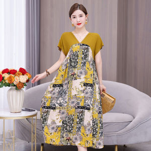 Elegant Midlife Mom Fashionable Cotton Silk Dress Womens plus Size Summer Long Skirt A-Line Gown Korean Style Print V-Neck
