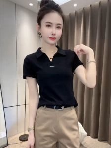 Slim Fit Polo Neck Short Sleeve T-Shirt Womens Summer New Style Simple Versatile Korean Version Silk Material Commute Style