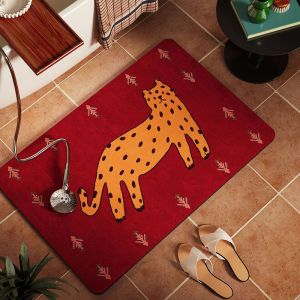 VIKAMA Red Bath Mat Retro Leopard Print Pattern Non‑Slip Absorbent Floor Mat Bathroom Home Decor