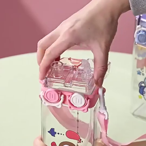Botol Minum Anak Cara Minum Ganda Sedotan + Tali Panjang Unik Transparan Lucu