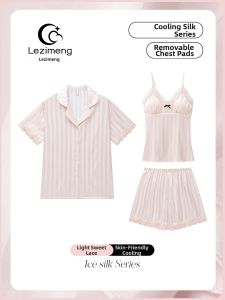 LEZIMENG | Bộ Đồ Ngủ Gấm Mát Hè Với Đệm Ngực Gợi Cảm