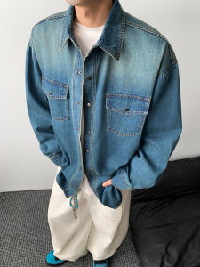 แจ็คเก็ตยีนส์ทรงหลวมสไตล์อเมริกันสำหรับผู้ชาย เสื้อเชิ้ตแขนยาวคอปกสีเทาไล่เฉดสีแบบลำลองสำหรับฤดูใบไม้ผลิและฤดูใบไม้ร่วง