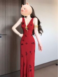 CHANGTONG | Elegant Red V-neck Strap Dress French Style Unique Beautiful Lady Wind Long Tight Bodycon Skirt Spring Season High Waist H-line