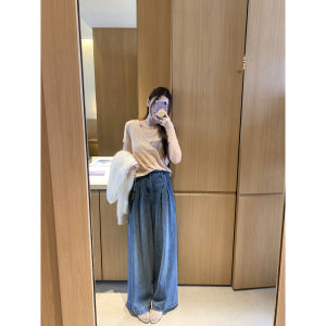 High Waist Cotton Blue Denim Pants Womens Loose Straight Wide Leg Big Foot Pants Slimming Long Trousers Spring 2025 New Arrival