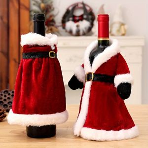 Festive Red Wine Bottle Cover Dress Christmas Skirt Wine Decoration Velvet Fabric Reusable Wine Gift Access Holiday Bottle Decor