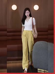 XIANGHOUMINCHU | Straw Yellow Breathable Leisure Linen Pants for Women