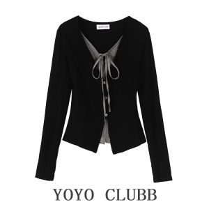 เสื้อยืดแขนยาวคอกว้างทรงเข้ารูปสไตล์หวานและเผ็ดร้อน YOYO CLUBB ฤดูใบไม้ร่วง 2024 ไซส์ใหญ่ ดีไซน์ใหม่ แขนยาว คอกลม ผ้าฝ้ายผสมโพลีเอสเตอร์