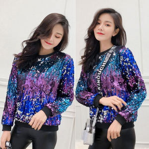Spring Autumn Bling Colorful Shiny Sequin Street Style Long Sleeve Loose round Neck T-Shirt Hoodie Women Performance Dancing