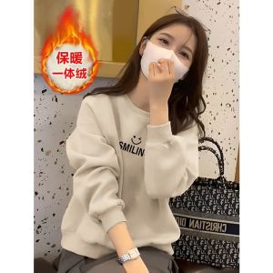 เสื้อฮู้ดผู้หญิงบางสไตล์เกาหลี ทรงหลวม ปกกลม แขนยาว คอตตอน 100% เสื้อผ้าทำงานฤดูใบไม้ร่วง แฟชั่นสตรีท