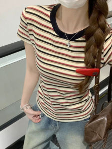 Slim Fit Striped round Neck Short Sleeve T-Shirt Women Casual Style Cotton Summer Thinming Commute Top Fashion Korean