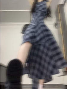 CHANGTONG | French Vintage Gingham Pinch-Waist Dress Small Fashion