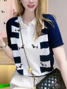 Trendy Ice Silk Polo Neck Short Sleeve Knitted Top in Royal Blue for plus Size Women Summer Commute Korean Style Regular Length