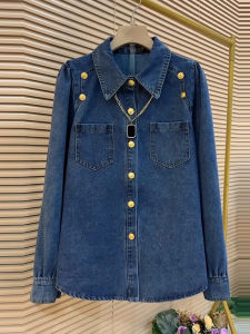 plus Size Womens Casual Long Sleeve Polo Collar Denim Shirt Korean Style Fashionable Slimming Top Trendy Commute Cotton Polyester