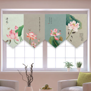 Kitchen Pennant Short Curtain Chinese Lotus Fabric Door Curtain Punch-Free Chinese Style Small Curtain Fabric Partition Curtain
