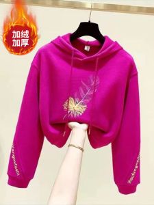 Short High Waist Velvet Padded Thickened Sweater Womens Spring & Fall New Arrival Loose K-style Hooded Top Small Beautiful