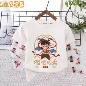 Zhaqi Boys Summer T-Shirt Fake Two-Piece Long Sleeve Short Sleeve Cotton Pure Color Cartoon Print Breathable Cool Style