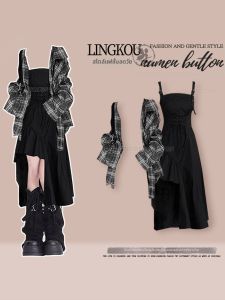 NUMEN BUTTON | Plus Size Age-reducing Slimming Checkered Shirt Dress Set