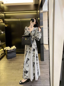 Elegant Chinese Watercolor Print Maxi Dress Womens Spring Fashion Beach Vacation Gown Long Sleeve Tea Break Skirt Style