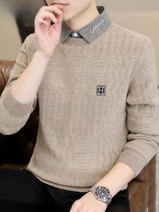 HENGYUANXIANG | Hengyuanxiang Mens Knitted Sweater Fleece Lined Thickened Shirt Collar Fake Two-Piece Winter Fashion Casual Loose Fit Long Sleeve