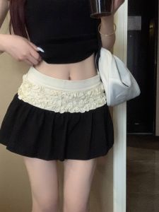 Váy Ngắn Chữ a Màu Đen Xếp Ly Cạp Cao Phong Cách Hàn Quốc Cho Nữ Mùa Hè 2025 Váy Ngắn Chữ a Bó Sát Xếp Ly Viền Ren