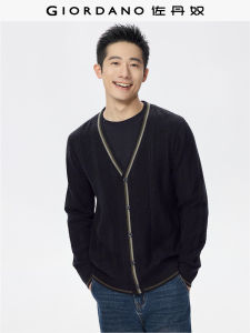 Giordano Mens Knitted Sweater Autumn Winter New Style V-Neck Color Block Edge Twist Pattern Long Sleeve Casual Knitwear