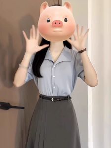 Blue Career Womens Shirt Short Sleeve Business Casual Summer Commute OL Style Pure Color Polo Collar Breathable Polyester