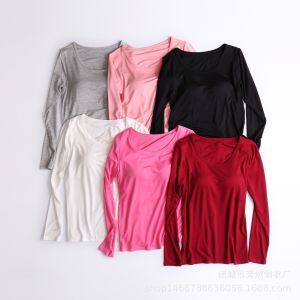 Womens Autumn and Winter Modal Bra Strap-Free Chest Pad Wireless Bra Long-Sleeved T-shirt Yoga Pajamas Underwear Basic Shirt