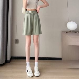 YAMIANNV | Summer Thin Ice Silk Wide Leg Short Pants Womens High Waist Slimming Loose Straight Casual Sports Five-Quarter Length Shorts