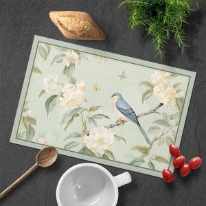 New Chinese Style Flower Bird Cartoon Heat Resistant PVC Dining Table Mat Anti-Scalding Waterproof Oil Resistant Dinner Plate Mat Western Dining Pad Decorative Pad